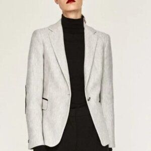 Zara Basic Herringbone Print Elbow Patch Blazer in Light Gray/Black Size XS